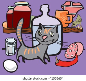 The cat and small bird in the groceries pantry: cat, little bird, sausage, pepper, egg, glass, big bottle with alcohol. Background: jars with jam,  honey and other meal on the shelf