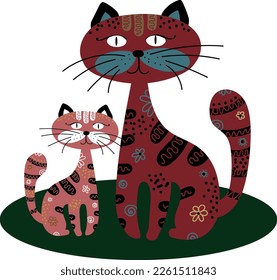A cat with a small kitten. Vector file for designs.