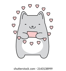 Cat with a smartphone and hearts on a white background. Vector illustration