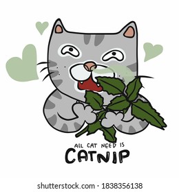 Cat smelling catnip, all cat need is catnip cartoon vector illustration