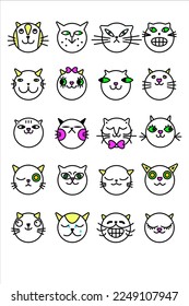 Cat smile emoticon emoji funny one line vector illustration set. The head of a cat with a mustache kawaii. Character cartoon cat face isolated doodle on a white background.