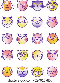 Cat smile emoticon emoji multicolored gradient funny line vector illustration set. The head of a cat with a mustache. Bright colored elements animal. Isolated doodle on a white background.