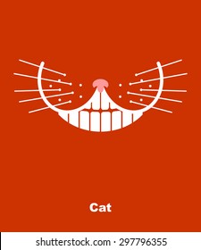 Cat smile on a red background. Vector illustration. teeth and whiskers. 