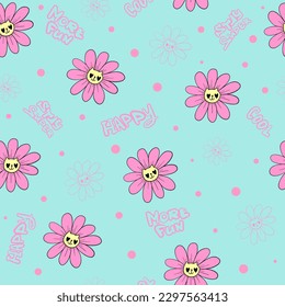 Cat smiles seamless pattern with flowers, text Happy, Stay super, more fun, cool. Dandelion repeat print. Flower cats endless ornament with pink dots. Smiling kitten character. Kitty with heart eye