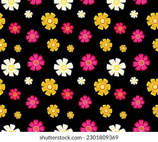 Cat smiles seamless pattern with flowers, text Happy, Stay super, more fun, cool. Dandelion repeat print. Flower cats endless ornament with pink dots. Smiling kitten character. Kitty with heart eye