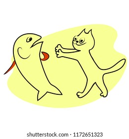 Cat smiles and wants to hug the shocked. Vector color drawing image.