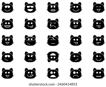Icono de glifo de gato sonriente Cara sonriente Emoji pictograma símbolo ilustración visual Set