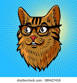 Cat smiling with glasses illustration. Red cat with glasses illustration for postcards
