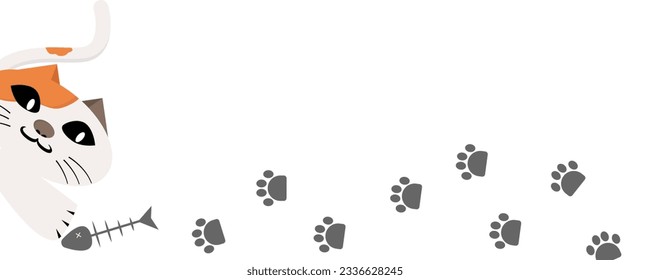 The cat sneaked around the corner and ate the fish bones. cat-themed background with cat paw prints. Print for posters, greeting cards, and t-shirts. Cat vector isolated on a white background