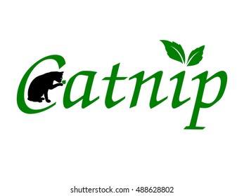 Cat sniffing a catnip leaf and a green text reading catnip with leaves on the letter i