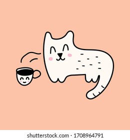 Cat sniffing hot cup. Vector funny illustration for greeting card, t shirt, print, posters design.