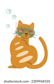 Gato Con Ilustración Del Vector De Máscara De Snorkel