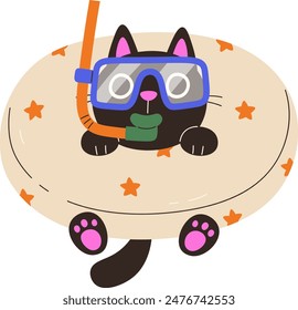 Cat With Snorkeling Mask On Swimming Ring Vector Illustration