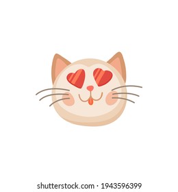 Hocico de gato con ojos en forma de corazón aislado caricatura de cabeza animal. Vector lindo kitty valentines símbolo del día, encantador símbolo animal del amor y la pasión. Retrato de cabeza gatita, diseño de tatuajes, emoticono de miau