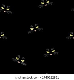 Cat snouts on a black background. Green eyes glow in the dark. Pretty animal pattern.