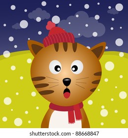 Cat and snow in the forest
