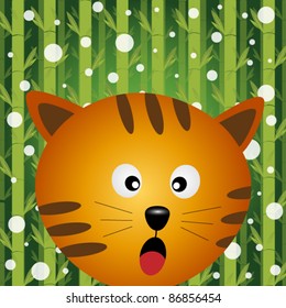 Cat and snow on bamboo background