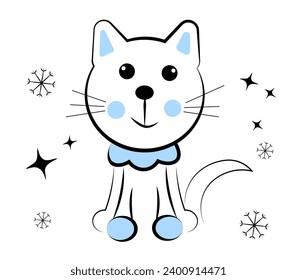 Gato y copos de nieve sobre fondo blanco