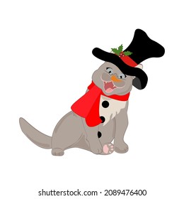 Cat in snowman christmas hat and scarf. Merry Christmas and Happy New Year greeting card.