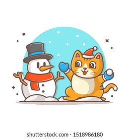 Cat And Snowman In Winter Season Vector Icon Illustration. Cat And Scarf, Pine Trees, Winter Icon Concept White Isolated. Flat Cartoon Style Suitable for Web Landing Page, Banner, Sticker, Background