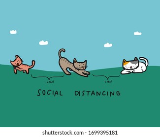 Cat social distancing cartoon vector illustration