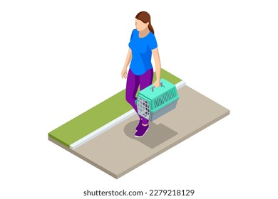 Cat in a soft carrier on the floor. Isometric woman is transporting a cat in a special plastic cage or carrying the bag for a walk or in a veterinary clinic