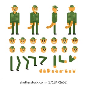 Cat Soldier Creation Kit. Create Your Own Pose, Action, Animation. Minimal Design Vector Illustration