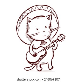Cat in a sombrero playing traditional Mexican music on the guitar. Hand drawn vector illustration. Mariachi musician. 
