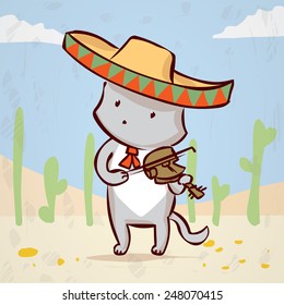 Cat in a sombrero playing traditional Mexican music on the violin. Mariachi musician. Hand drawn cartoon. Mexican landscape