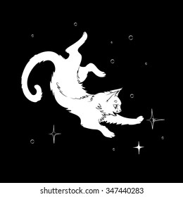 Cat in space #2, white on black