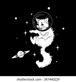 Cat in space #3, white on black