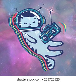 Cat in space. Astronaut. Flying in space. listen to music