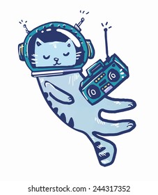 Cat In Space. Astronaut. Flying In Space. Listen To Music. Tape Recorder. Vector. Illustration