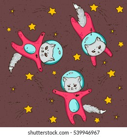 Cat in space. Astronaut. Flying in space. Vector illustration