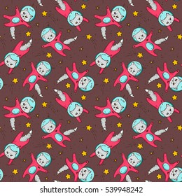 Cat in space. Astronaut. Flying in space. Vector illustration. Seamless pattern