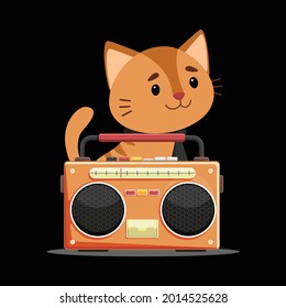 Cat in space. Astronaut.Hand drawn cute cat with radio tape recorder and cassette with retro music and headphones for t-shirt printing vector illustration