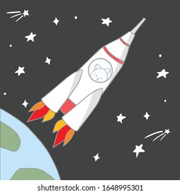 Cat in space. Cute cat astronaut is in Space in a rocket far from Earth around stars. Vector illustration for posters, cards, t-shirts.