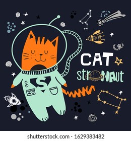 Cat in space. Cute typographi print with cat astronaut. for kids graphic tees, prints, card and more