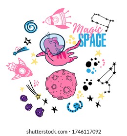 Cat in space. Cute typographi print with cat astronaut. for kids graphic tees, prints, card and more