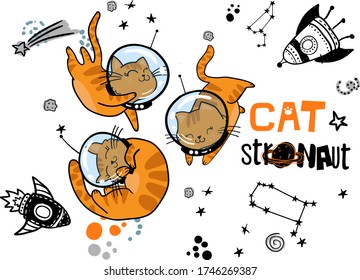 Cat In Space. Cute Typographi Print With Cat Astronaut. For Kids Graphic Tees, Prints, Card And More