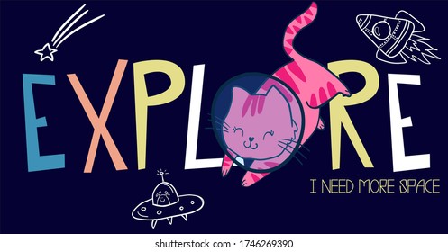 Cat in space. Cute typographi print with cat astronaut. for kids graphic tees, prints, card and more