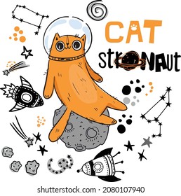 Cat in space. Cute typography print with cat astronaut. for kids graphic tees, prints, card and more