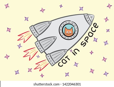 Cat in space. Doodle cat in rocket.  Cute space postcard. Vector cat. Vector rocket.