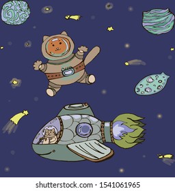Cat in space. Hand-drawn, vector, ginger cat astronaut, spaceship, planets, stars. Galaxy. Clip art. Cartoon cute cosmos illustration. Starry sky background. Design for kids wallpaper, banner, poster