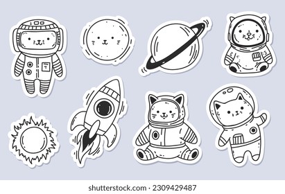 Cat Space Line Art süße Druckgalaxie Aufkleber einzeln auf der Linie. Vektorgrafik-Design-Illustration