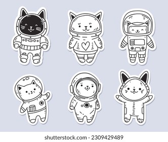 Cat space line art cute print galaxy sticker isolated set. Vector graphic design illustration