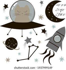 Cat in the space. Need some space. Skandinavian decor. Cute elements for print. 