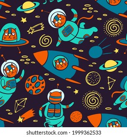 CAT SPACE PATTERN Cute Cosmic Animal Traveling In Spacesuit And In Rocket Among Planets Of Galaxy Cartoon Hand Drawn On Dark Background Vector Illustration