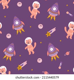 Cat in space with planets, rocket and stars, vector seamless pattern in flat hand drawn style.