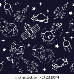 A cat in space plays with a planet. Children's coloring on a black background isolated. Linear drawing vector illustration seamless pattern